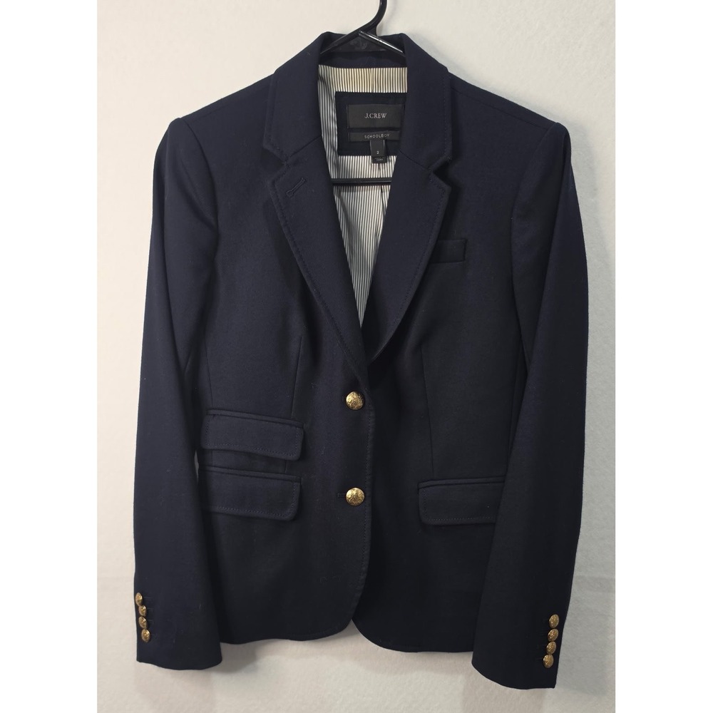 J.Crew Navy Blue Wool Schoolboy Blazer Gold Crest Buttons 03171 Size 2